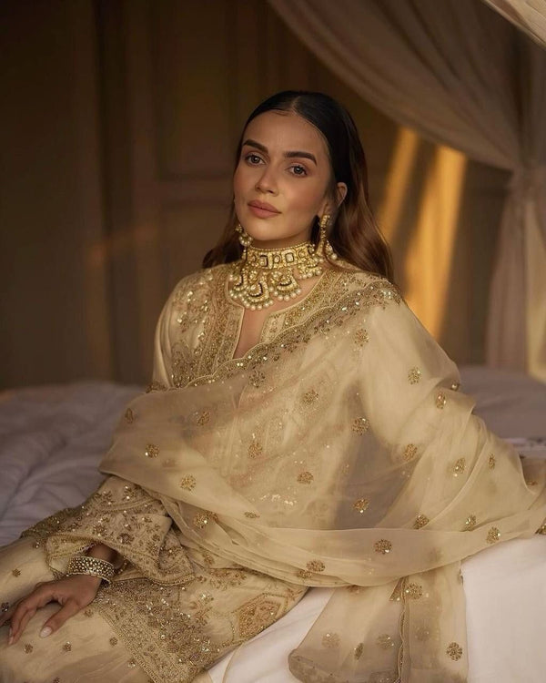 Cream Eid Special Elegant Chinon Silk Plazo Suit Set ClothsVilla