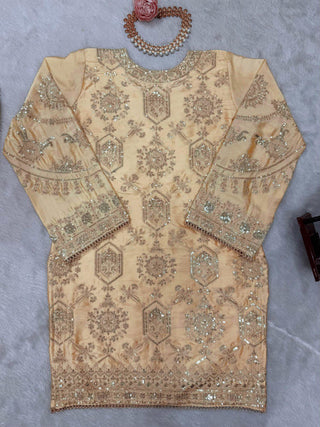 Cream Eid Special Elegant Chinon Silk Plazo Suit Set ClothsVilla
