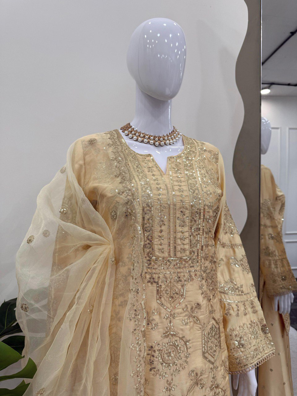 Cream Eid Special Elegant Chinon Silk Plazo Suit Set ClothsVilla
