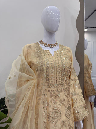Cream Eid Special Elegant Chinon Silk Plazo Suit Set ClothsVilla
