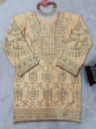 Cream Eid Special Elegant Chinon Silk Plazo Suit Set ClothsVilla