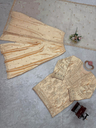 Cream Eid Special Elegant Chinon Silk Plazo Suit Set ClothsVilla