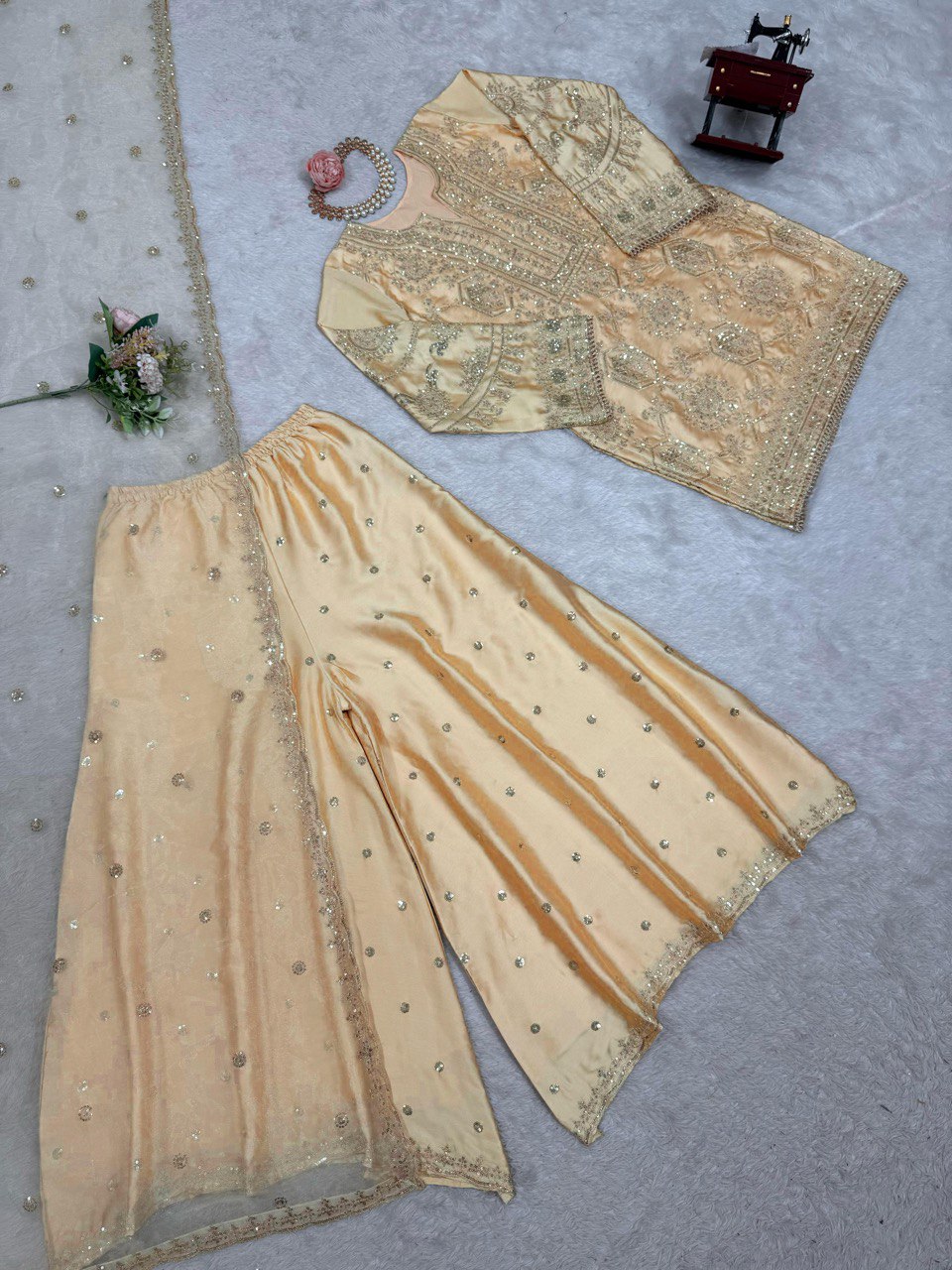 Cream Eid Special Elegant Chinon Silk Plazo Suit Set ClothsVilla