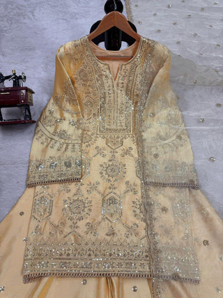 Cream Eid Special Elegant Chinon Silk Plazo Suit Set ClothsVilla