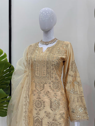Cream Eid Special Elegant Chinon Silk Plazo Suit Set ClothsVilla