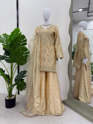 Cream Eid Special Elegant Chinon Silk Plazo Suit Set ClothsVilla