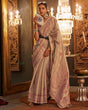 Load image into Gallery viewer, Cream Elegant Banarasi Silk Blend Saree with Woven Design &amp; Tassel Detailing ClothsVilla