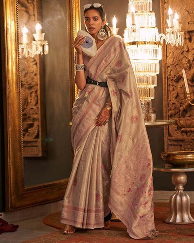 Cream Elegant Banarasi Silk Blend Saree with Woven Design & Tassel Detailing ClothsVilla