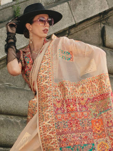 Cream Elegant Banarasi Silk Blend Woven Saree with Unstitched Blouse Piece ClothsVilla