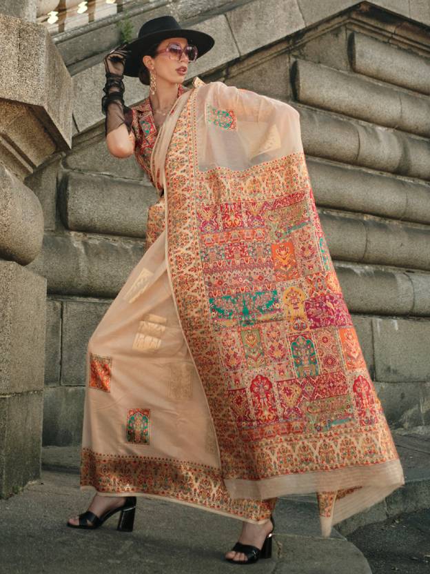 Cream Elegant Banarasi Silk Blend Woven Saree with Unstitched Blouse Piece ClothsVilla
