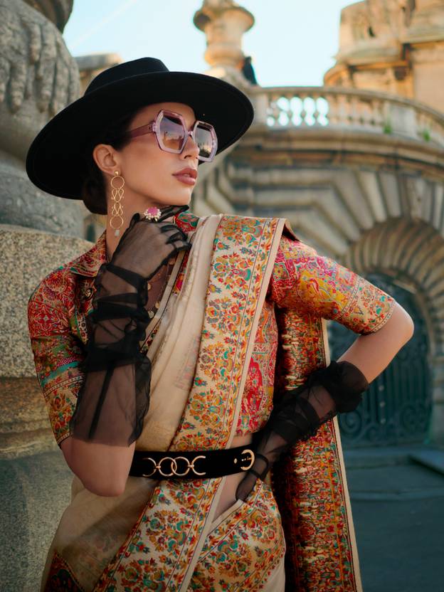 Cream Elegant Banarasi Silk Blend Woven Saree with Unstitched Blouse Piece ClothsVilla