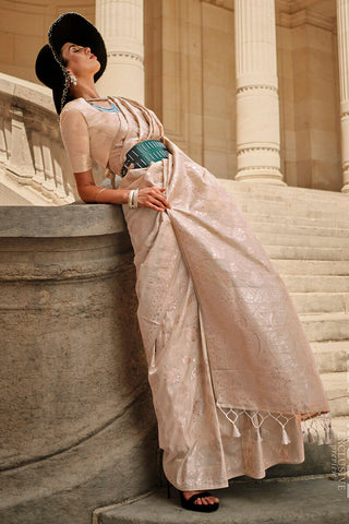 Cream Elegant Banarasi Silk Saree with Zari Weaving Blouse Pieces ClothsVilla