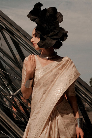 Cream Elegant Banarasi Silk Saree with Zari Weaving Blouse Pieces ClothsVilla