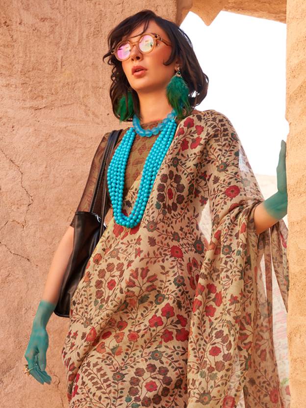 Cream Elegant Banarasi Tissue Saree with Unstitched Blouse Piece ClothsVilla