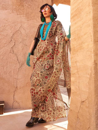 Cream Elegant Banarasi Tissue Saree with Unstitched Blouse Piece ClothsVilla