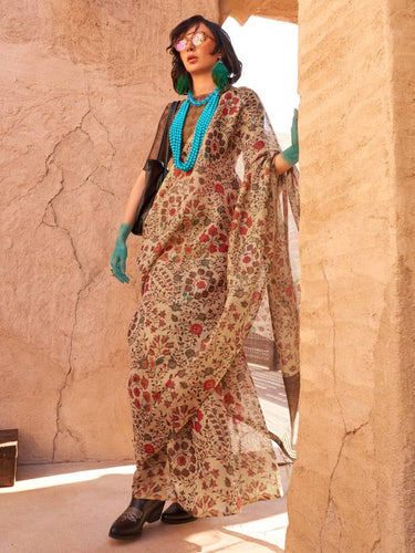 Cream Elegant Banarasi Tissue Saree with Unstitched Blouse Piece ClothsVilla