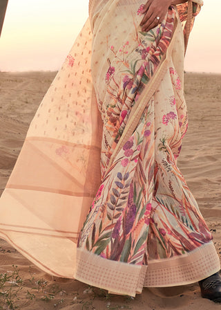 Cream Elegant Blended Linen Silk Saree – Breathable & Stylish for All Seasons Clothsvilla