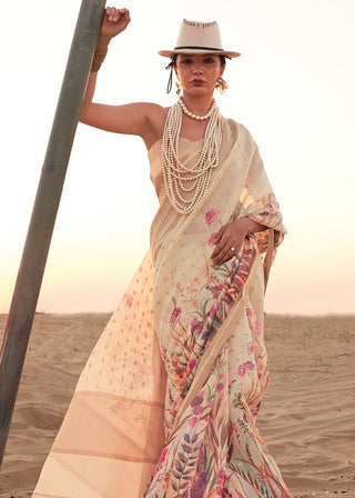 Cream Elegant Blended Linen Silk Saree – Breathable & Stylish for All Seasons Clothsvilla