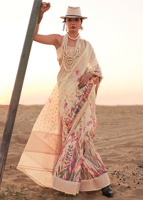 Cream Elegant Blended Linen Silk Saree – Breathable & Stylish for All Seasons Clothsvilla Main image