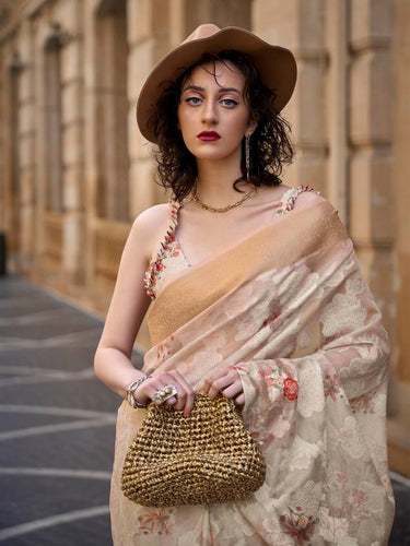 Cream Elegant Brasso Madurai Saree with Unstitched Blouse Piece Clothsvilla