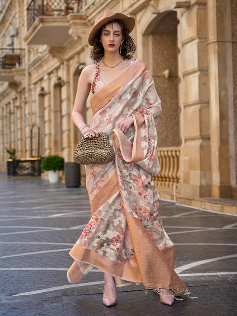 Cream Elegant Brasso Madurai Saree with Unstitched Blouse Piece Clothsvilla Main image