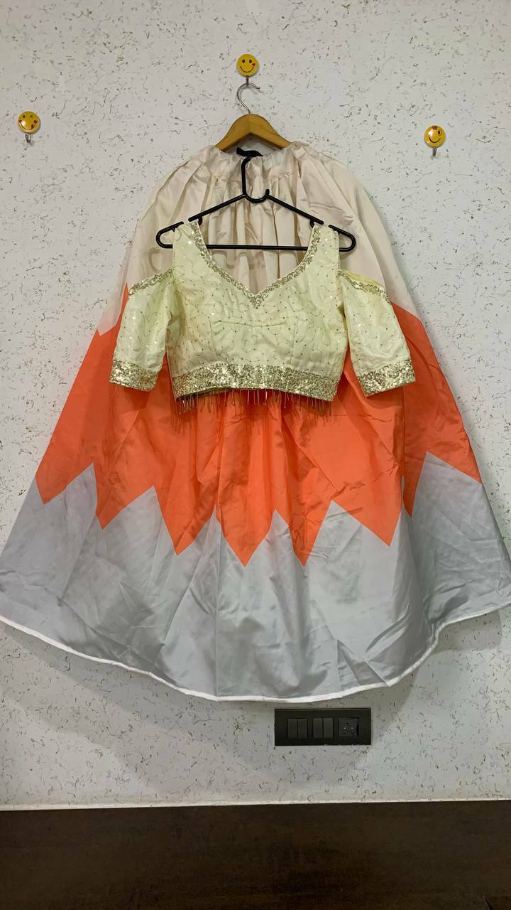 Cream Elegant Digital Print Tapeta Silk Lehenga with Dola Silk Sequins Work Blouse Clothsvilla
