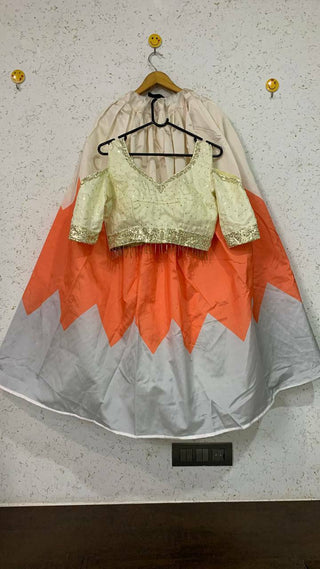 Cream Elegant Digital Print Tapeta Silk Lehenga with Dola Silk Sequins Work Blouse Clothsvilla