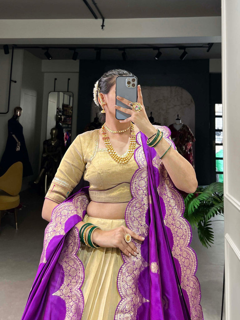 Cream Elegant Erode Lehenga Set with Paithani Lace Border – 3-Piece Stitched Set Clothsvilla