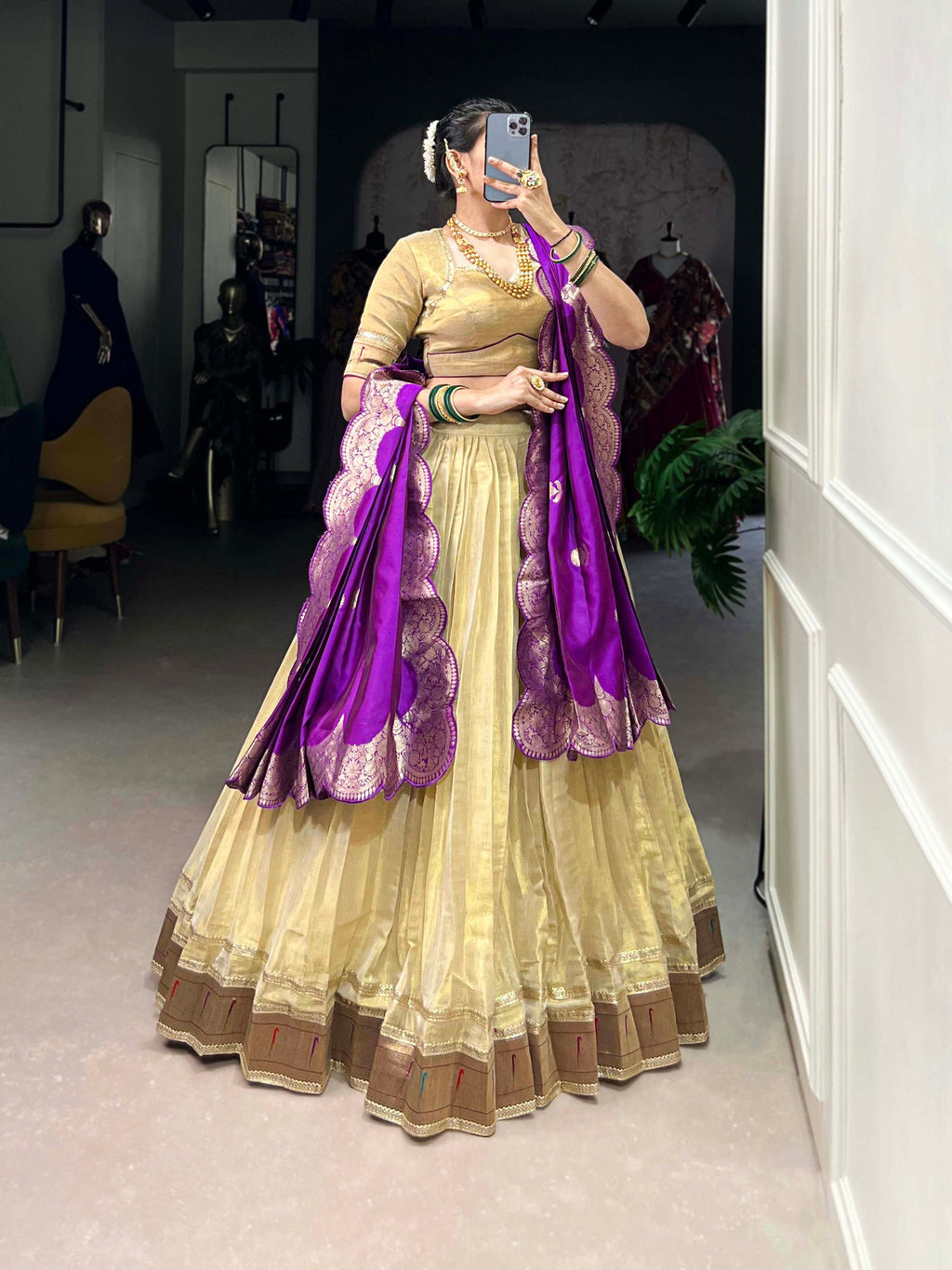 Cream Elegant Erode Lehenga Set with Paithani Lace Border – 3-Piece Stitched Set Clothsvilla