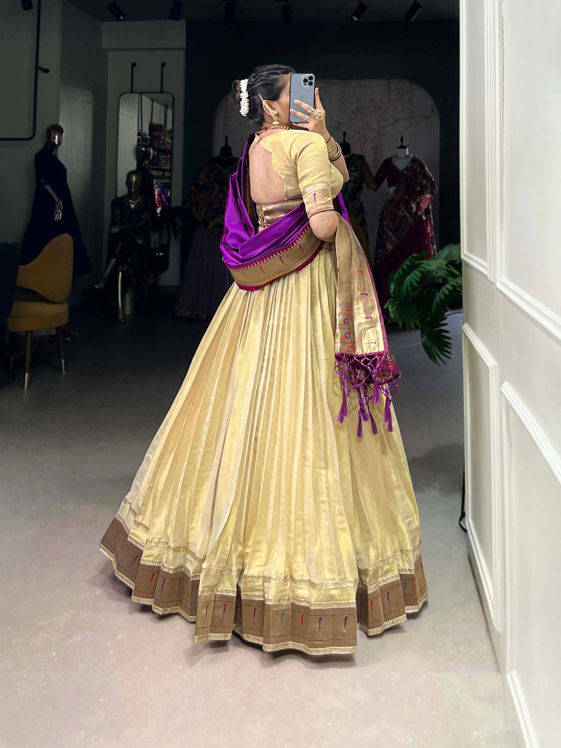 Cream Elegant Erode Lehenga Set with Paithani Lace Border – 3-Piece Stitched Set Clothsvilla