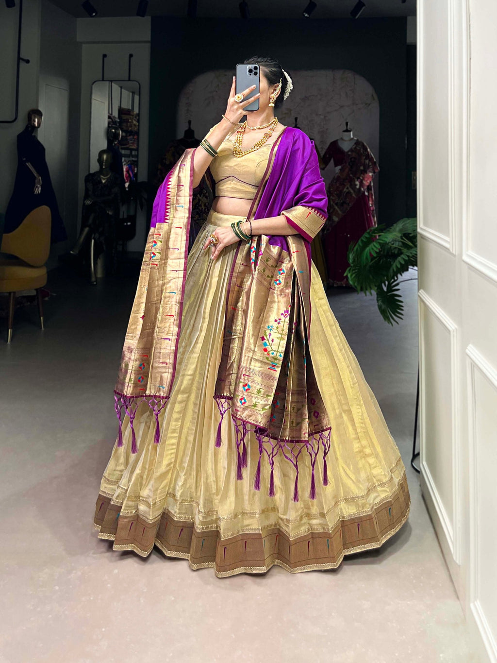 Cream Elegant Erode Lehenga Set with Paithani Lace Border – 3-Piece Stitched Set Clothsvilla