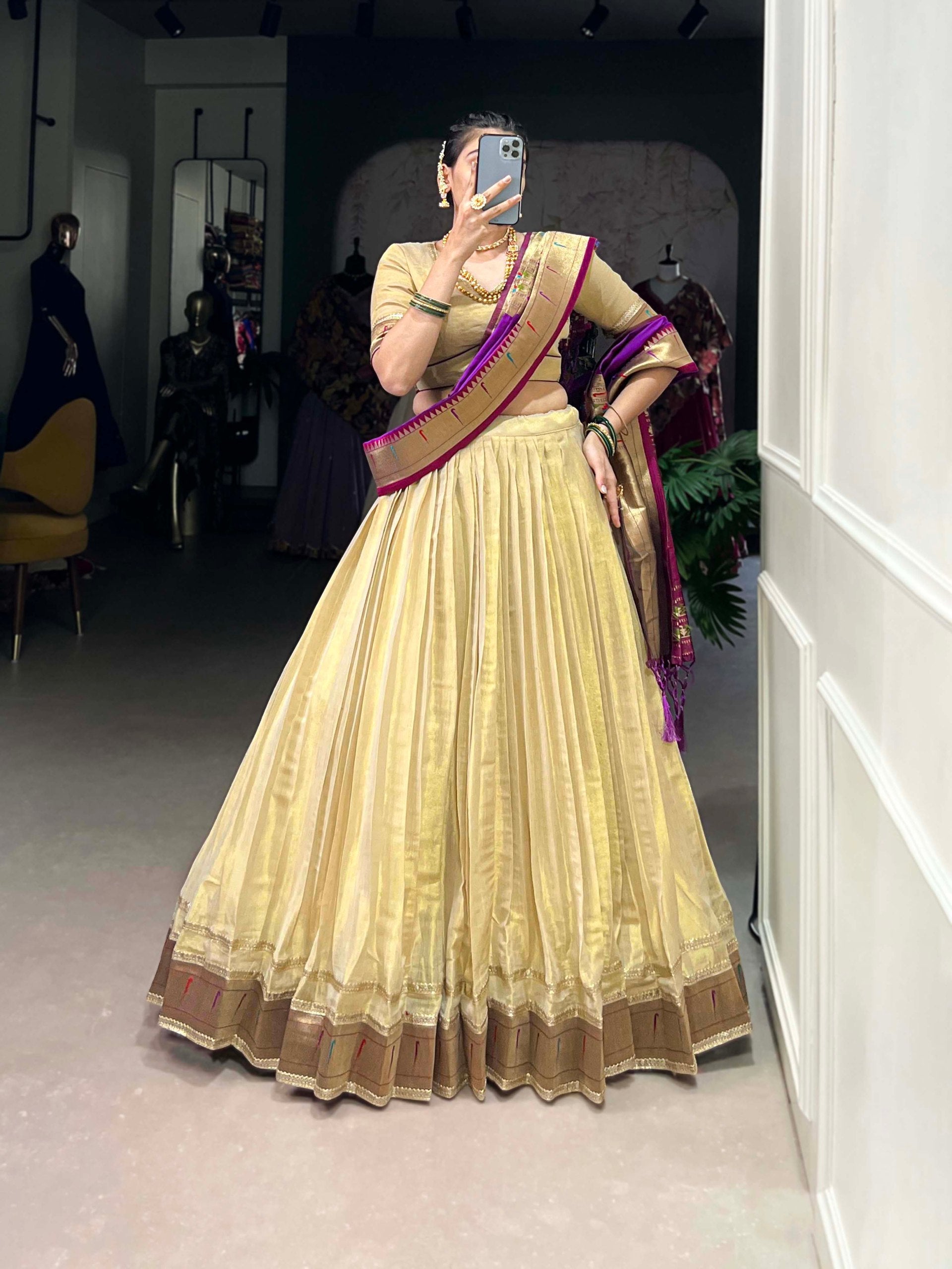 Cream Elegant Erode Lehenga Set with Paithani Lace Border – 3-Piece Stitched Set Clothsvilla