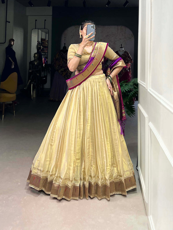Cream Elegant Erode Lehenga Set with Paithani Lace Border – 3-Piece Stitched Set Clothsvilla