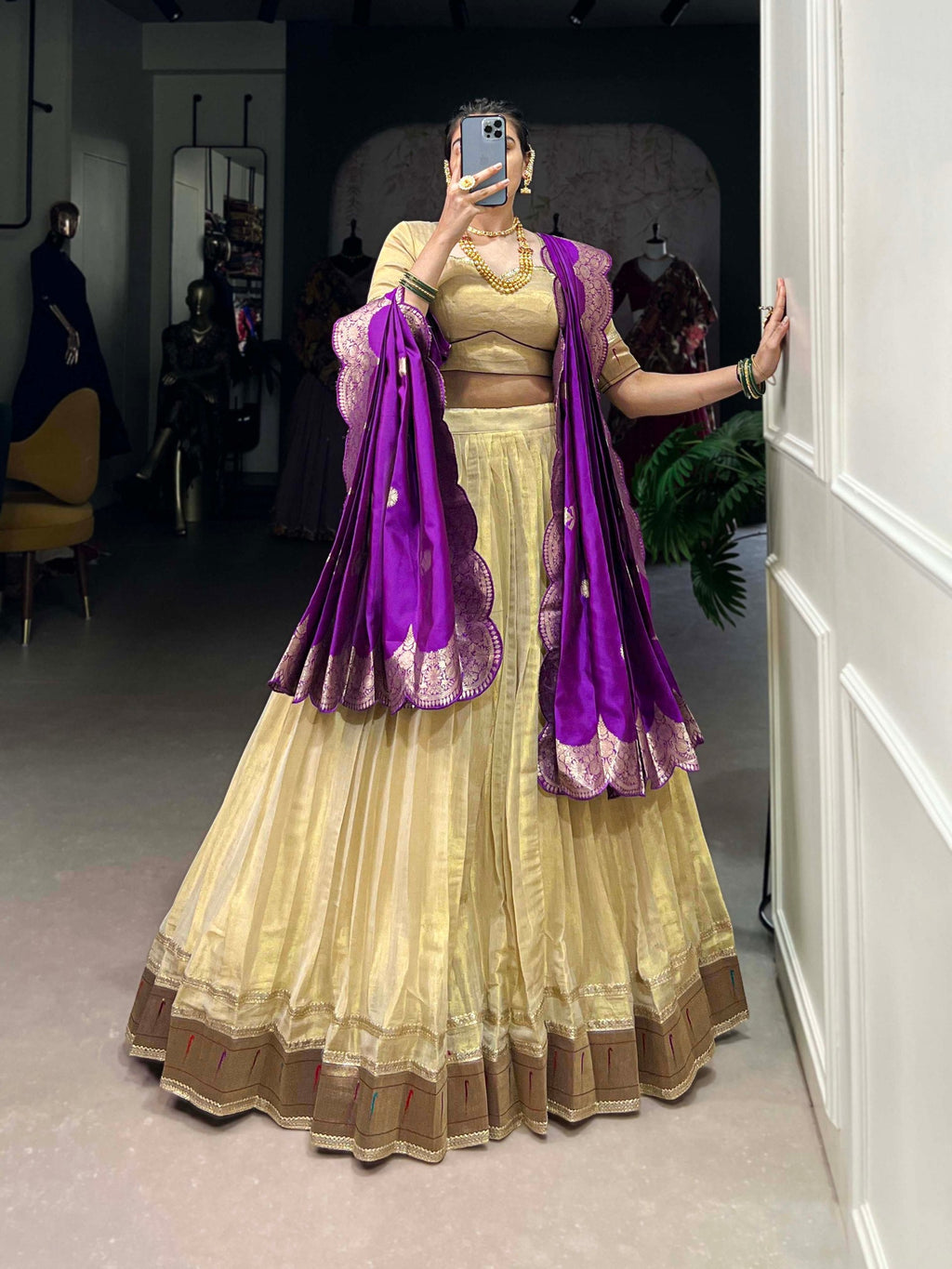 Cream Elegant Erode Lehenga Set with Paithani Lace Border – 3-Piece Stitched Set Clothsvilla
