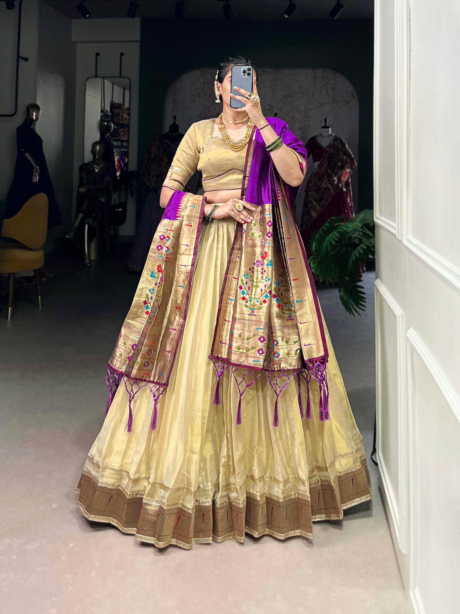 Cream Elegant Erode Lehenga Set with Paithani Lace Border – 3-Piece Stitched Set Clothsvilla