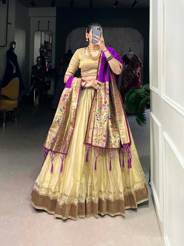 Cream Elegant Erode Lehenga Set with Paithani Lace Border – 3-Piece Stitched Set Clothsvilla