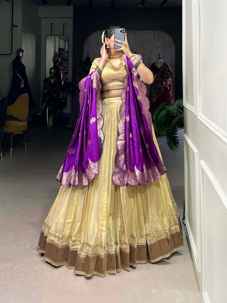 Cream Elegant Erode Lehenga Set with Paithani Lace Border – 3-Piece Stitched Set Clothsvilla