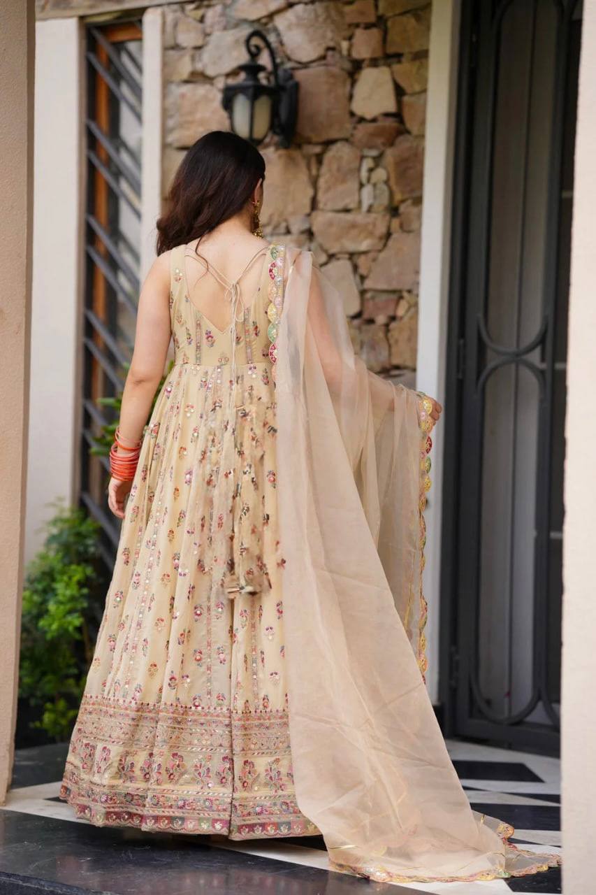 Cream Elegant Faux Georgette Thread & Sequin Work Suit Set with Dupatta – Fully Stitched ClothsVilla