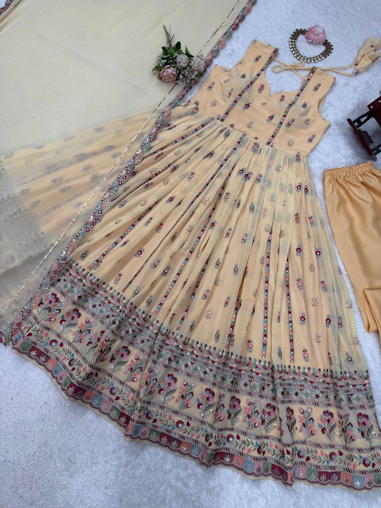 Cream Elegant Faux Georgette Thread & Sequin Work Suit Set with Dupatta – Fully Stitched ClothsVilla