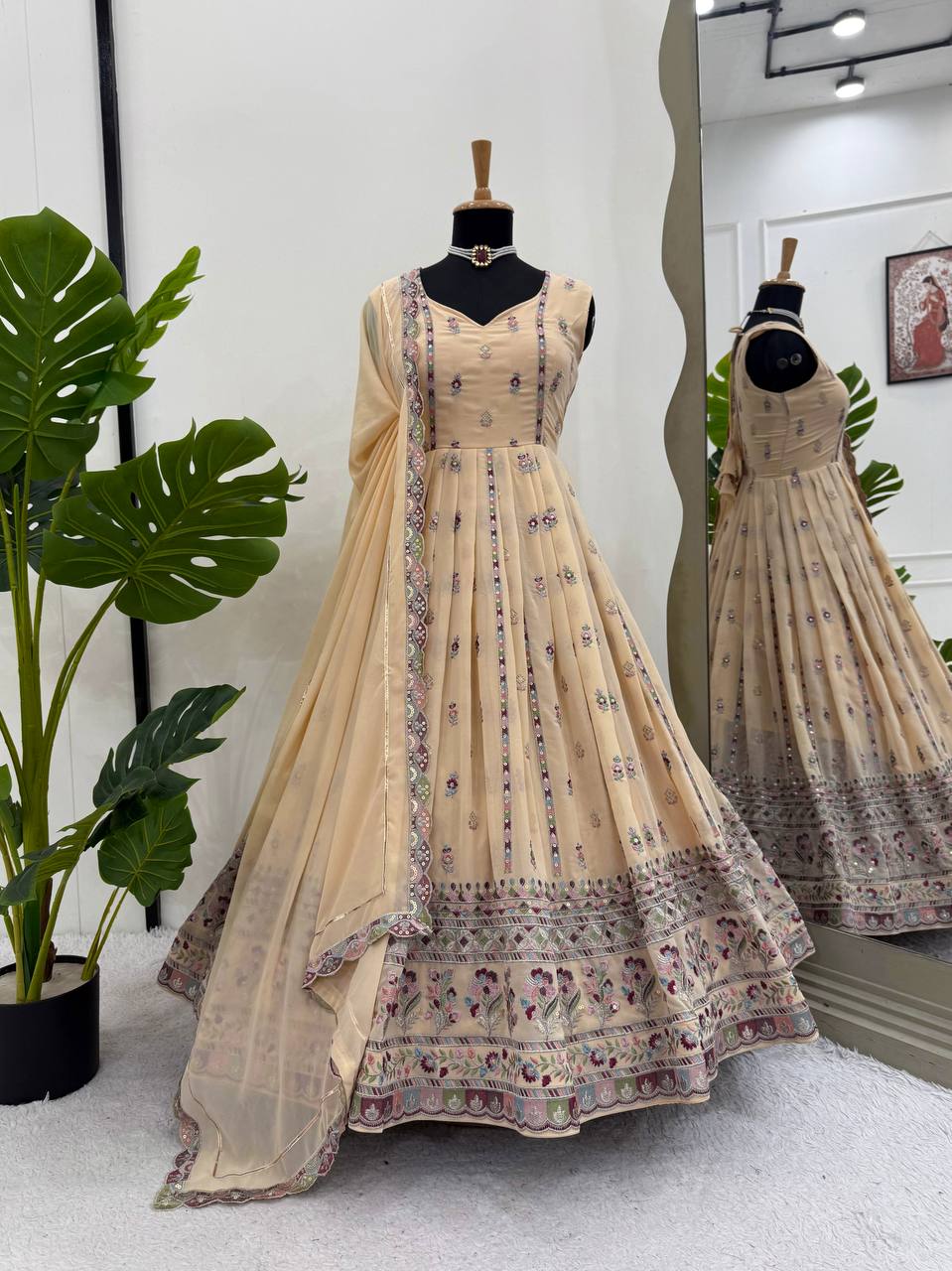 Cream Elegant Faux Georgette Thread & Sequin Work Suit Set with Dupatta – Fully Stitched ClothsVilla