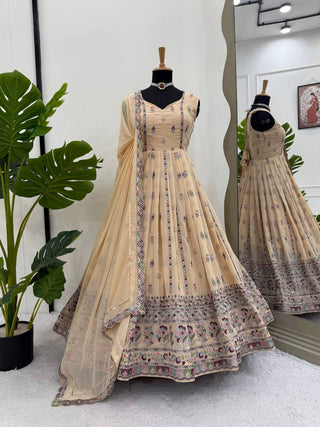 Cream Elegant Faux Georgette Thread & Sequin Work Suit Set with Dupatta – Fully Stitched ClothsVilla