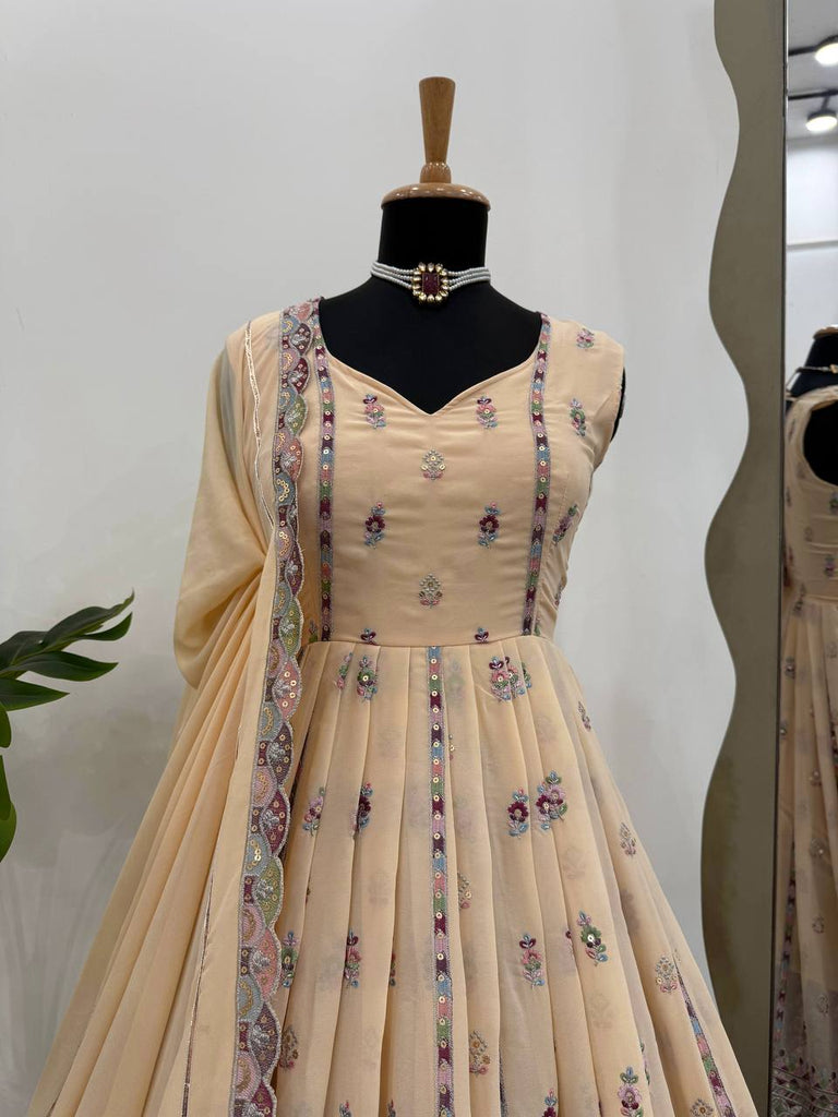 Cream Elegant Faux Georgette Thread & Sequin Work Suit Set with Dupatta – Fully Stitched ClothsVilla