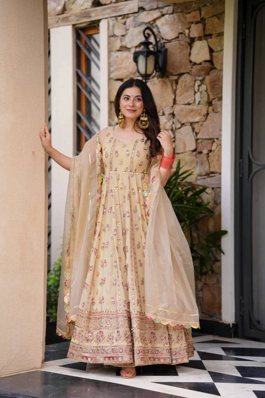 Cream Elegant Faux Georgette Thread & Sequin Work Suit Set with Dupatta – Fully Stitched ClothsVilla