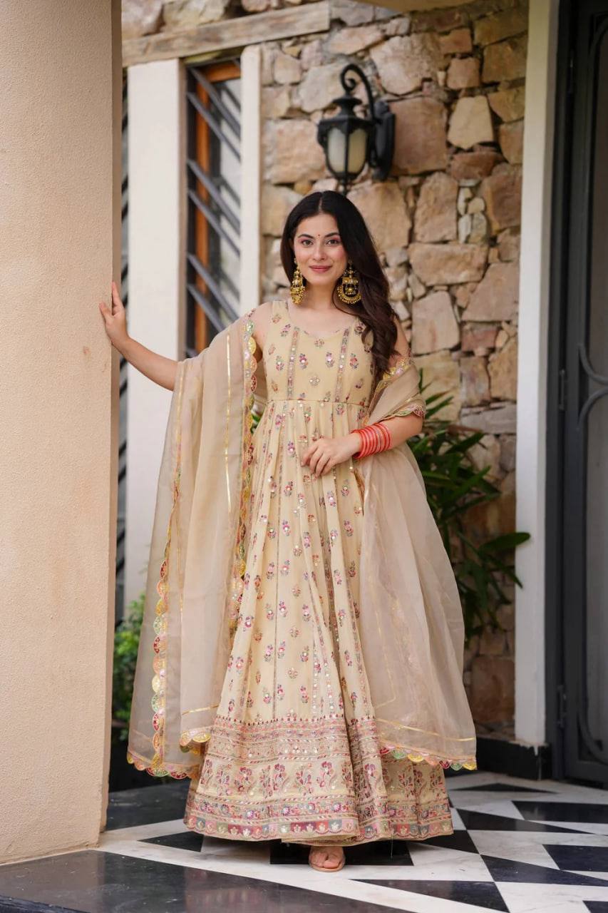 Cream Elegant Faux Georgette Thread & Sequin Work Suit Set with Dupatta – Fully Stitched ClothsVilla