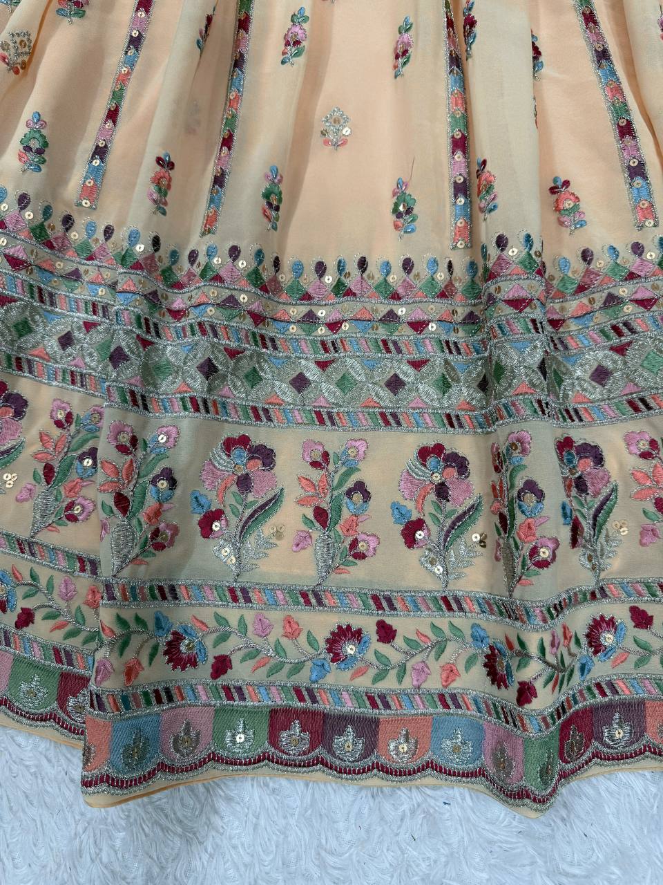 Cream Elegant Faux Georgette Thread & Sequin Work Suit Set with Dupatta – Fully Stitched ClothsVilla