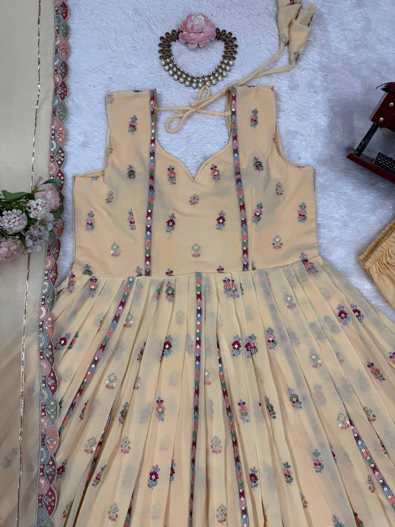 Cream Elegant Faux Georgette Thread & Sequin Work Suit Set with Dupatta – Fully Stitched ClothsVilla