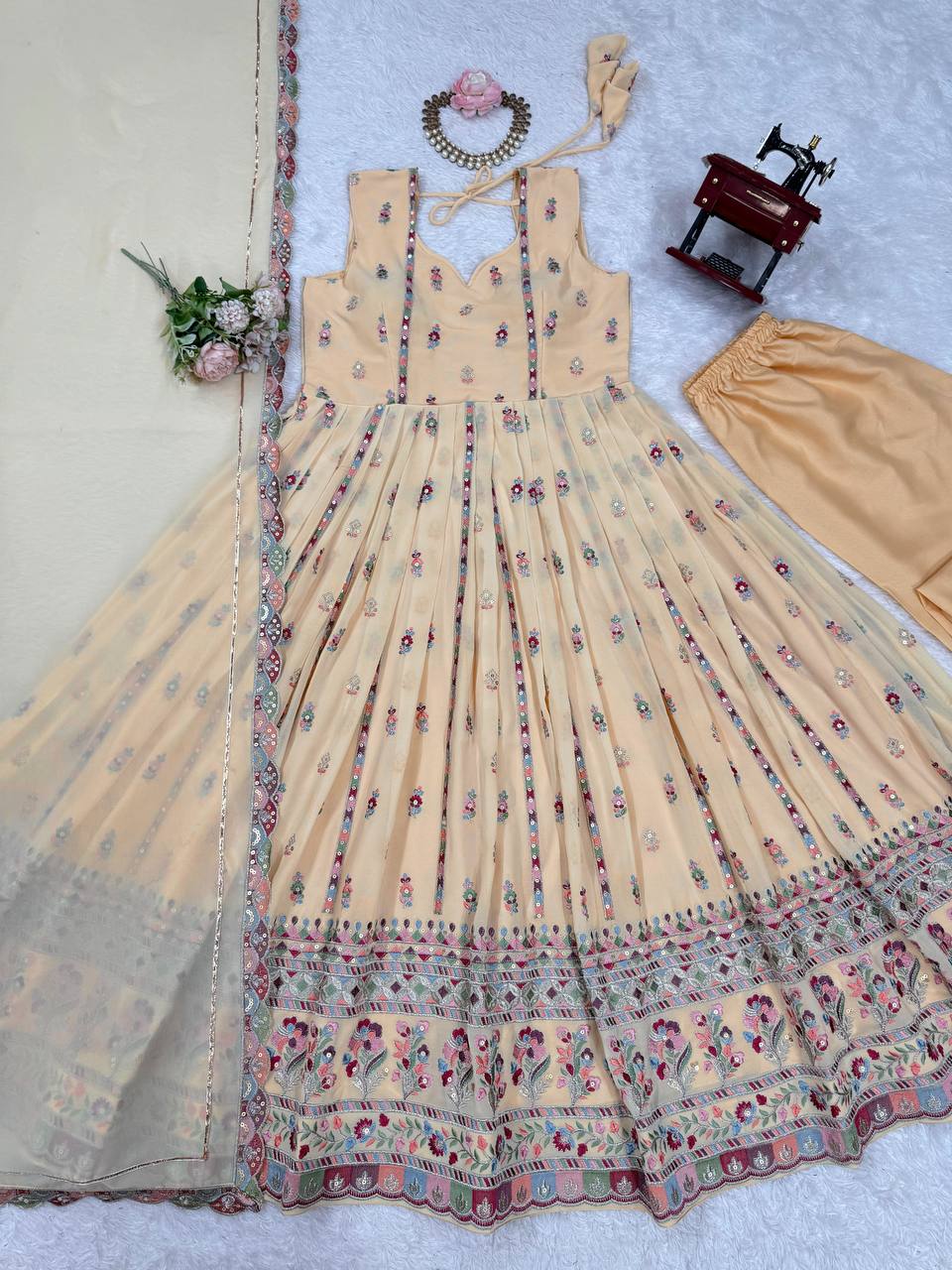 Cream Elegant Faux Georgette Thread & Sequin Work Suit Set with Dupatta – Fully Stitched ClothsVilla