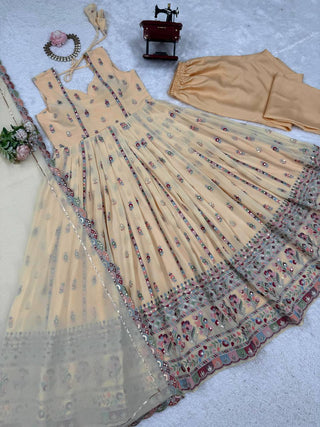 Cream Elegant Faux Georgette Thread & Sequin Work Suit Set with Dupatta – Fully Stitched ClothsVilla
