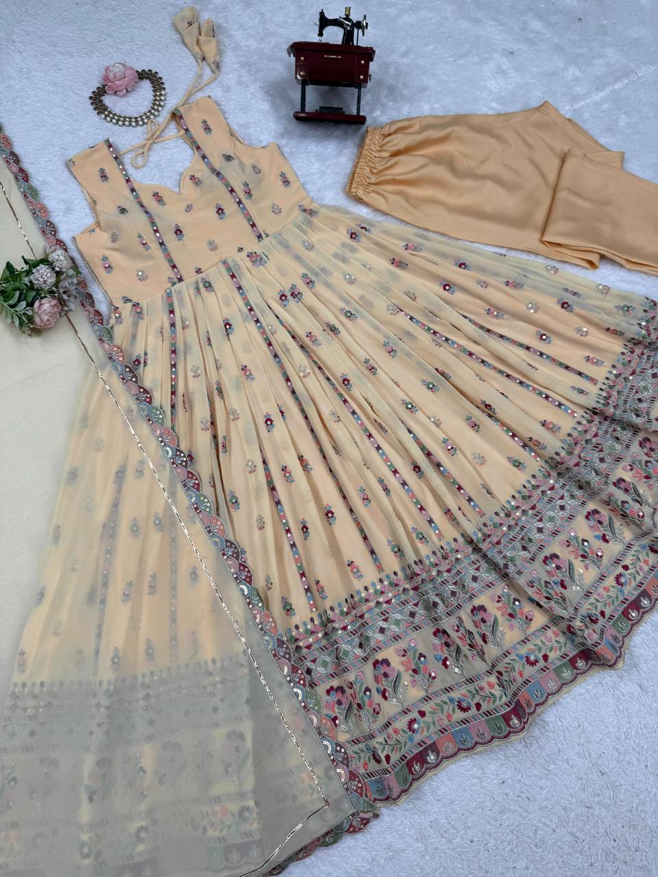 Cream Elegant Faux Georgette Thread & Sequin Work Suit Set with Dupatta – Fully Stitched ClothsVilla