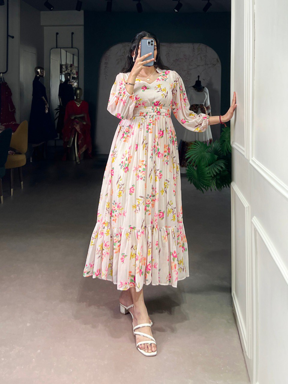 Cream Elegant Floral Print Georgette Stitched Frock with Micro Crepe Lining – 4 Meter Flair ClothsVilla